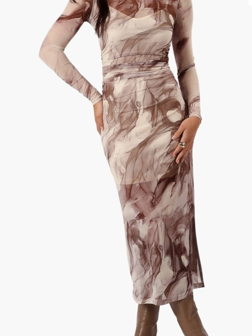 Petal & Pup Marble-Print Mesh Long Sleeve Maxi Dress in Taupe & Cream